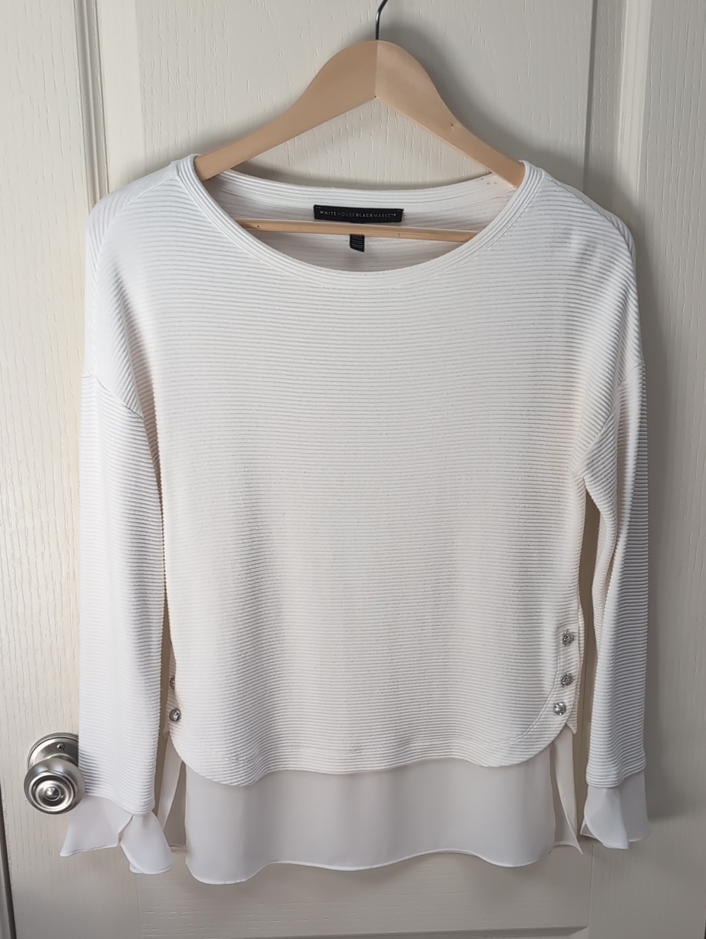 White House Black Market White Ribbed Knit Long Sleeve Top with Chiffon Hem